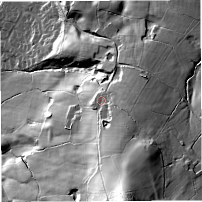 Shaded relief map of the ground around PR69BT, computed from Environment Agency LiDAR. The ground here sits at about 144 m above sea level and falls 87 m across the surrounding 800 m. Surface water reaching this point runs off ground lying to the south-east, 12.8 m higher.