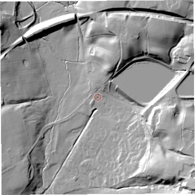 Shaded relief map of the ground around PR69BW, computed from Environment Agency LiDAR. The ground here sits at about 105 m above sea level and falls 45 m across the surrounding 800 m. Surface water reaching this point runs off ground lying to the north-north-east, 18.3 m higher.