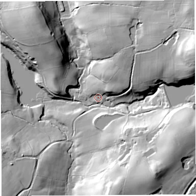 Shaded relief map of the ground around PR69DB, computed from Environment Agency LiDAR. The ground here sits at about 126 m above sea level and falls 54 m across the surrounding 800 m. Surface water reaching this point runs off ground lying to the east-north-east, 50.4 m higher.