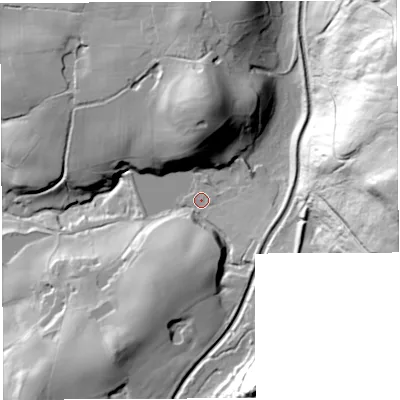 Shaded relief map of the ground around PR69DE, computed from Environment Agency LiDAR. The ground here sits at about 142 m above sea level and falls 93 m across the surrounding 800 m. Surface water reaching this point runs off ground lying to the south, 17.5 m higher.