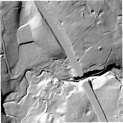 Shaded relief map of the ground around PR69DP, computed from Environment Agency LiDAR. The ground here sits at about 103 m above sea level and falls 45 m across the surrounding 800 m. Surface water reaching this point runs off ground lying to the east-north-east, 13.1 m higher.