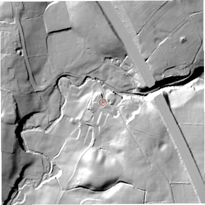 Shaded relief map of the ground around PR69EE, computed from Environment Agency LiDAR. The ground here sits at about 103 m above sea level and falls 43 m across the surrounding 800 m. Surface water reaching this point runs off ground lying to the east-south-east, 17.6 m higher.