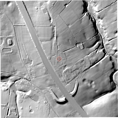 Shaded relief map of the ground around PR69EG, computed from Environment Agency LiDAR. The ground here sits at about 131 m above sea level and falls 31 m across the surrounding 800 m. Surface water reaching this point runs off ground lying to the south-west, 1.0 m higher.