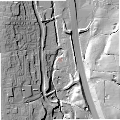 Shaded relief map of the ground around PR69FG, computed from Environment Agency LiDAR. The ground here sits at about 88 m above sea level and falls 39 m across the surrounding 800 m. Surface water reaching this point runs off ground lying to the north-west, 23.5 m higher.