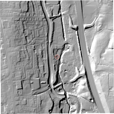 Shaded relief map of the ground around PR69FH, computed from Environment Agency LiDAR. The ground here sits at about 87 m above sea level and falls 33 m across the surrounding 800 m. Surface water reaching this point runs off ground lying to the north-west, 23.4 m higher.
