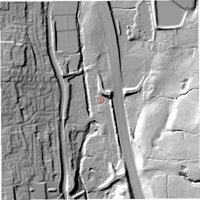 Shaded relief map of the ground around PR69FJ, computed from Environment Agency LiDAR. The ground here sits at about 89 m above sea level and falls 38 m across the surrounding 800 m. Surface water reaching this point runs off ground lying to the east-north-east, 8.0 m higher.