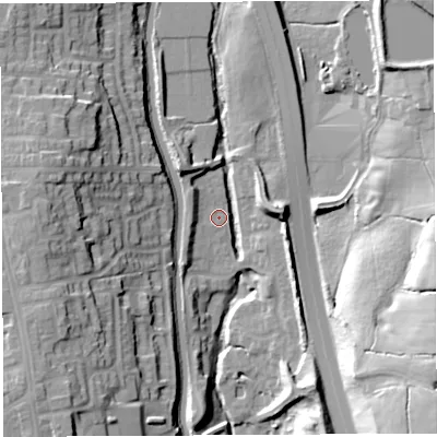 Shaded relief map of the ground around PR69FL, computed from Environment Agency LiDAR. The ground here sits at about 88 m above sea level and falls 32 m across the surrounding 800 m. Surface water reaching this point runs off ground lying to the west, 6.8 m higher.