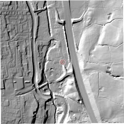 Shaded relief map of the ground around PR69FN, computed from Environment Agency LiDAR. The ground here sits at about 90 m above sea level and falls 43 m across the surrounding 800 m. Surface water reaching this point runs off ground lying to the south-east, 9.8 m higher.