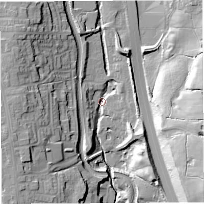 Shaded relief map of the ground around PR69FQ, computed from Environment Agency LiDAR. The ground here sits at about 85 m above sea level and falls 36 m across the surrounding 800 m. Surface water reaching this point runs off ground lying to the north-west, 23.5 m higher.