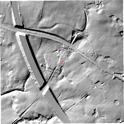 Shaded relief map of the ground around PR69HL, computed from Environment Agency LiDAR. The ground here sits at about 122 m above sea level and falls 54 m across the surrounding 800 m. Surface water reaching this point runs off ground lying to the north, 29.4 m higher.