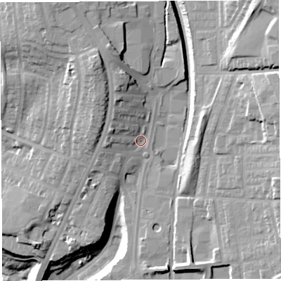 Shaded relief map of the ground around PR71EX, computed from Environment Agency LiDAR. The ground here sits at about 85 m above sea level and falls 37 m across the surrounding 800 m. Surface water reaching this point runs off ground lying to the north-west, 7.8 m higher.