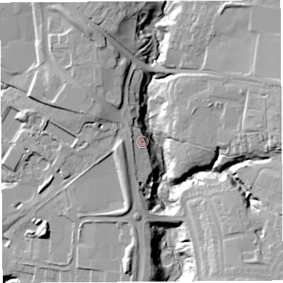 Shaded relief map of the ground around PR71NL, computed from Environment Agency LiDAR. The ground here sits at about 54 m above sea level and falls 28 m across the surrounding 800 m. Surface water reaching this point runs off ground lying to the east-north-east, 24.6 m higher.