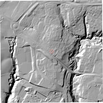 Shaded relief map of the ground around PR71NT, computed from Environment Agency LiDAR. The ground here sits at about 63 m above sea level and falls 28 m across the surrounding 800 m. Surface water reaching this point runs off ground lying to the north, 1.5 m higher.