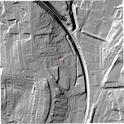 Shaded relief map of the ground around PR71QD, computed from Environment Agency LiDAR. The ground here sits at about 90 m above sea level and falls 28 m across the surrounding 800 m. Surface water reaching this point runs off ground lying to the south-west, 8.3 m higher.