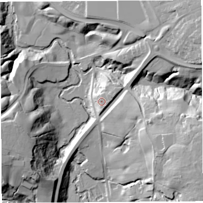 Shaded relief map of the ground around PR73QL, computed from Environment Agency LiDAR. The ground here sits at about 52 m above sea level and falls 45 m across the surrounding 800 m. Surface water reaching this point runs off ground lying to the east, 7.8 m higher.