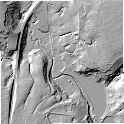 Shaded relief map of the ground around PR73RN, computed from Environment Agency LiDAR. The ground here sits at about 41 m above sea level and falls 46 m across the surrounding 800 m. Surface water reaching this point runs off ground lying to the east-north-east, 45.3 m higher.