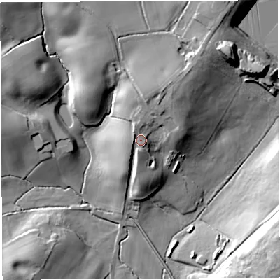 Shaded relief map of the ground around PR74BN, computed from Environment Agency LiDAR. The ground here sits at about 81 m above sea level and falls 26 m across the surrounding 800 m. Surface water reaching this point runs off ground lying to the north-north-east, 6.1 m higher.