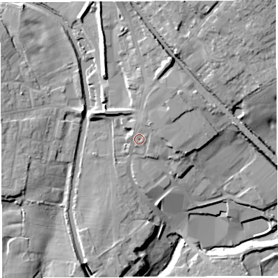 Shaded relief map of the ground around PR74HE, computed from Environment Agency LiDAR. The ground here sits at about 95 m above sea level and falls 29 m across the surrounding 800 m. Surface water reaching this point runs off ground lying to the north-east, 4.2 m higher.