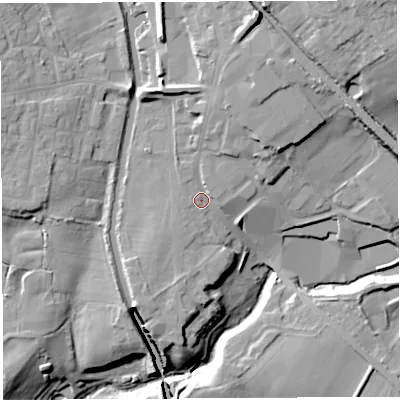 Shaded relief map of the ground around PR74HF, computed from Environment Agency LiDAR. The ground here sits at about 92 m above sea level and falls 27 m across the surrounding 800 m. Surface water reaching this point runs off ground lying to the north-north-east, 6.8 m higher.