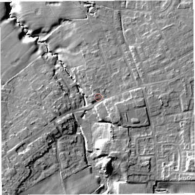 Shaded relief map of the ground around PR75DE, computed from Environment Agency LiDAR. The ground here sits at about 73 m above sea level and falls 18 m across the surrounding 800 m. Surface water reaching this point runs off ground lying to the north-east, 2.4 m higher.