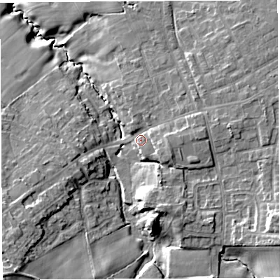 Shaded relief map of the ground around PR75DF, computed from Environment Agency LiDAR. The ground here sits at about 73 m above sea level and falls 19 m across the surrounding 800 m. Surface water reaching this point runs off ground lying to the east-south-east, 4.5 m higher.