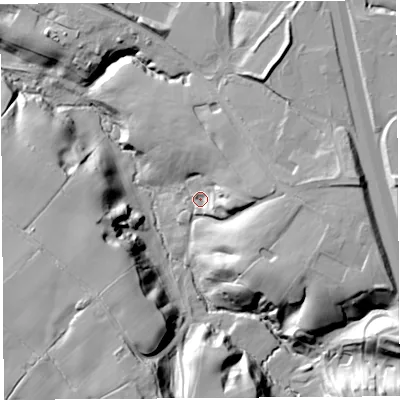 Shaded relief map of the ground around PR75LG, computed from Environment Agency LiDAR. The ground here sits at about 51 m above sea level and falls 35 m across the surrounding 800 m. Surface water reaching this point runs off ground lying to the east, 18.2 m higher.