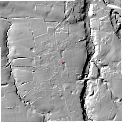 Shaded relief map of the ground around PR75NP, computed from Environment Agency LiDAR. The ground here sits at about 52 m above sea level and falls 23 m across the surrounding 800 m. Surface water reaching this point runs off ground lying to the south, 3.5 m higher.