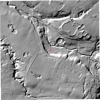 Shaded relief map of the ground around PR75NY, computed from Environment Agency LiDAR. The ground here sits at about 33 m above sea level and falls 24 m across the surrounding 800 m. Surface water reaching this point runs off ground lying to the south-east, 11.1 m higher.