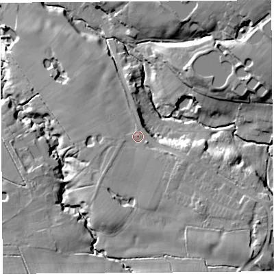 Shaded relief map of the ground around PR75PA, computed from Environment Agency LiDAR. The ground here sits at about 39 m above sea level and falls 24 m across the surrounding 800 m. Surface water reaching this point runs off ground lying to the south-east, 4.7 m higher.