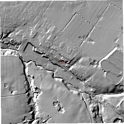 Shaded relief map of the ground around PR75PB, computed from Environment Agency LiDAR. The ground here sits at about 31 m above sea level and falls 24 m across the surrounding 800 m. Surface water reaching this point runs off ground lying to the east-north-east, 8.9 m higher.