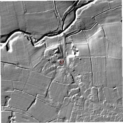 Shaded relief map of the ground around PR75QL, computed from Environment Agency LiDAR. The ground here sits at about 17 m above sea level and falls 19 m across the surrounding 800 m. Surface water reaching this point runs off ground lying to the west, 1.7 m higher.