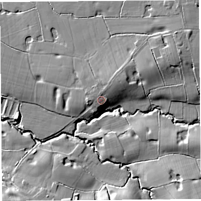 Shaded relief map of the ground around PR75QY, computed from Environment Agency LiDAR. The ground here sits at about 20 m above sea level and falls 15 m across the surrounding 800 m. Surface water reaching this point runs off ground lying to the north-north-east, 3.3 m higher.