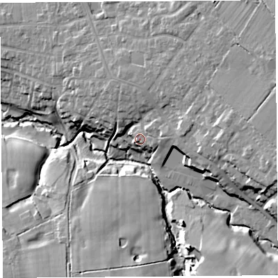 Shaded relief map of the ground around PR75TL, computed from Environment Agency LiDAR. The ground here sits at about 30 m above sea level and falls 21 m across the surrounding 800 m. Surface water reaching this point runs off ground lying to the east, 6.4 m higher.