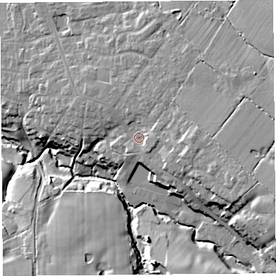 Shaded relief map of the ground around PR75TP, computed from Environment Agency LiDAR. The ground here sits at about 32 m above sea level and falls 21 m across the surrounding 800 m. Surface water reaching this point runs off ground lying to the east-south-east, 7.4 m higher.