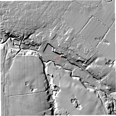 Shaded relief map of the ground around PR75TZ, computed from Environment Agency LiDAR. The ground here sits at about 27 m above sea level and falls 24 m across the surrounding 800 m. Surface water reaching this point runs off ground lying to the north-east, 7.3 m higher.