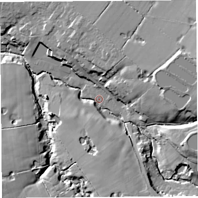 Shaded relief map of the ground around PR75UU, computed from Environment Agency LiDAR. The ground here sits at about 27 m above sea level and falls 24 m across the surrounding 800 m. Surface water reaching this point runs off ground lying to the east, 18.7 m higher.