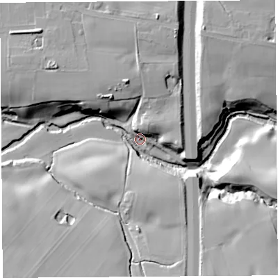 Shaded relief map of the ground around PR76EJ, computed from Environment Agency LiDAR. The ground here sits at about 21 m above sea level and falls 23 m across the surrounding 800 m. Surface water reaching this point runs off ground lying to the north-east, 21.5 m higher.