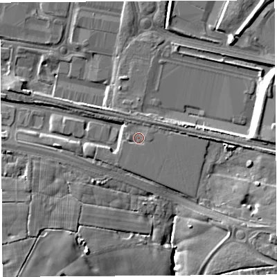 Shaded relief map of the ground around PR76FA, computed from Environment Agency LiDAR. The ground here sits at about 65 m above sea level and falls 12 m across the surrounding 800 m. Surface water reaching this point runs off ground lying to the east, 1.0 m higher.