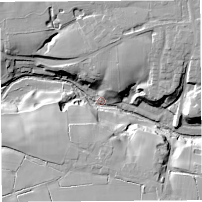 Shaded relief map of the ground around PR76LR, computed from Environment Agency LiDAR. The ground here sits at about 27 m above sea level and falls 25 m across the surrounding 800 m. Surface water reaching this point runs off ground lying to the east-north-east, 24.8 m higher.