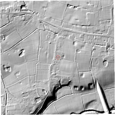 Shaded relief map of the ground around PR76LX, computed from Environment Agency LiDAR. The ground here sits at about 18 m above sea level and falls 12 m across the surrounding 800 m. Surface water reaching this point runs off ground lying to the south-south-west, 3.4 m higher.