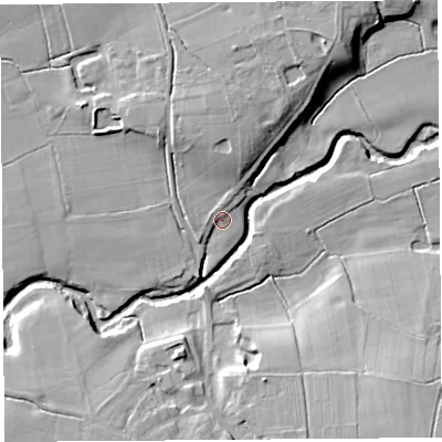 Shaded relief map of the ground around PR76LZ, computed from Environment Agency LiDAR. The ground here sits at about 12 m above sea level and falls 15 m across the surrounding 800 m. Surface water reaching this point runs off ground lying to the north-north-east, 2.3 m higher.