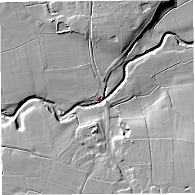 Shaded relief map of the ground around PR76ND, computed from Environment Agency LiDAR. The ground here sits at about 12 m above sea level and falls 17 m across the surrounding 800 m. Surface water reaching this point runs off ground lying to the south-east, 15.7 m higher.
