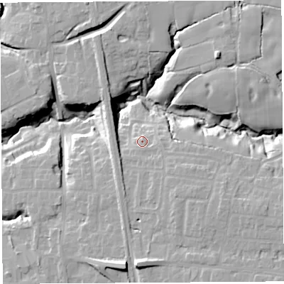 Shaded relief map of the ground around PR76QA, computed from Environment Agency LiDAR. The ground here sits at about 48 m above sea level and falls 22 m across the surrounding 800 m. Surface water reaching this point runs off ground lying to the south-east, 1.4 m higher.