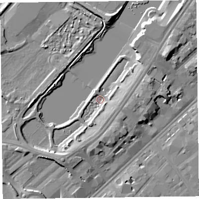 Shaded relief map of the ground around PR81QX, computed from Environment Agency LiDAR. The ground here sits at about 5 m above sea level and falls 8 m across the surrounding 800 m. Surface water reaching this point runs off ground lying to the south-south-west, 4.7 m higher.