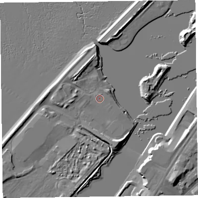 Shaded relief map of the ground around PR81RY, computed from Environment Agency LiDAR. The ground here sits at about 6 m above sea level and falls 9 m across the surrounding 800 m. Surface water reaching this point runs off ground lying to the south-south-east, 3.9 m higher.