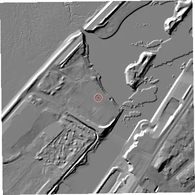 Shaded relief map of the ground around PR81SA, computed from Environment Agency LiDAR. The ground here sits at about 6 m above sea level and falls 9 m across the surrounding 800 m. Surface water reaching this point runs off ground lying to the south, 3.9 m higher.