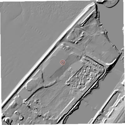 Shaded relief map of the ground around PR81SB, computed from Environment Agency LiDAR. The ground here sits at about 6 m above sea level and falls 8 m across the surrounding 800 m. The ground contributing surface water to this point lies to the north-west.