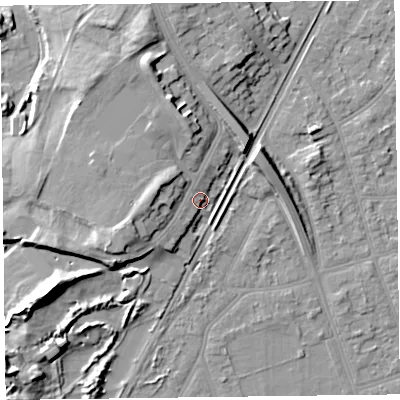 Shaded relief map of the ground around PR82LN, computed from Environment Agency LiDAR. The ground here sits at about 15 m above sea level and falls 13 m across the surrounding 800 m. Surface water reaching this point runs off ground lying to the north-north-west, 7.0 m higher.