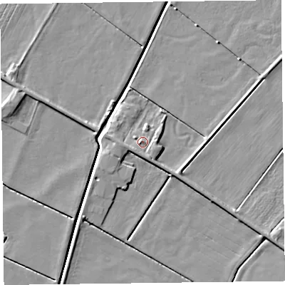 Shaded relief map of the ground around PR83DL, computed from Environment Agency LiDAR. The ground here sits at about 4 m above sea level and falls 4 m across the surrounding 800 m. Surface water reaching this point runs off ground lying to the east-south-east, 1.2 m higher.