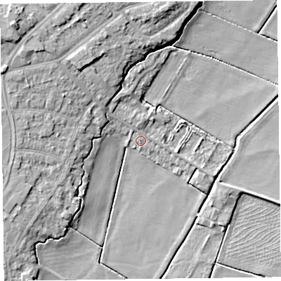 Shaded relief map of the ground around PR83JG, computed from Environment Agency LiDAR. The ground here sits at about 5 m above sea level and falls 13 m across the surrounding 800 m. Surface water reaching this point runs off ground lying to the north-north-west, 1.7 m higher.